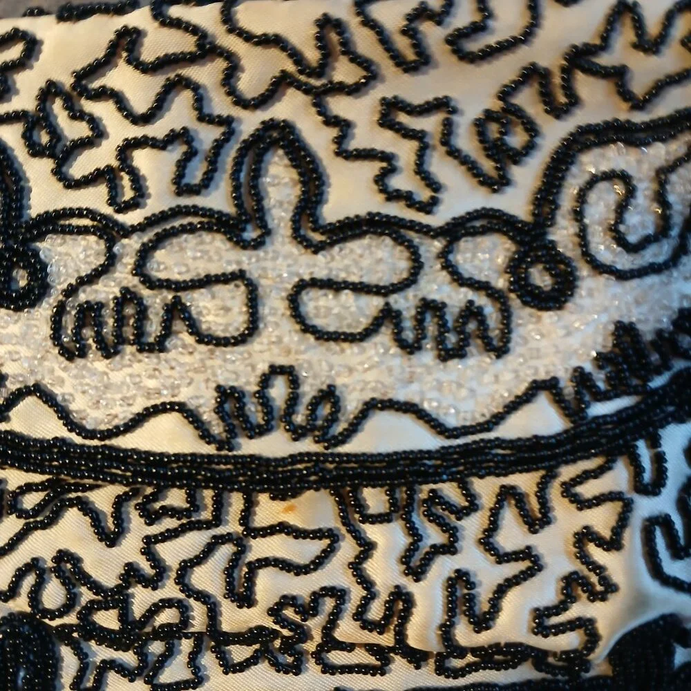 Vintage Women's Fabric White Clutch Abstract Black Beading